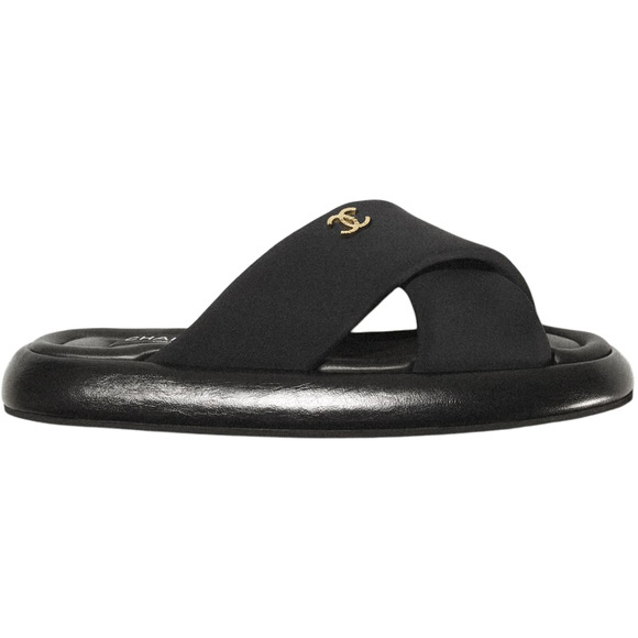 Chanel REV Black Fabric Criss Cross Puffy CC Logo Slide Mule Sandal Flop Flat 39 - Picture 1 of 12